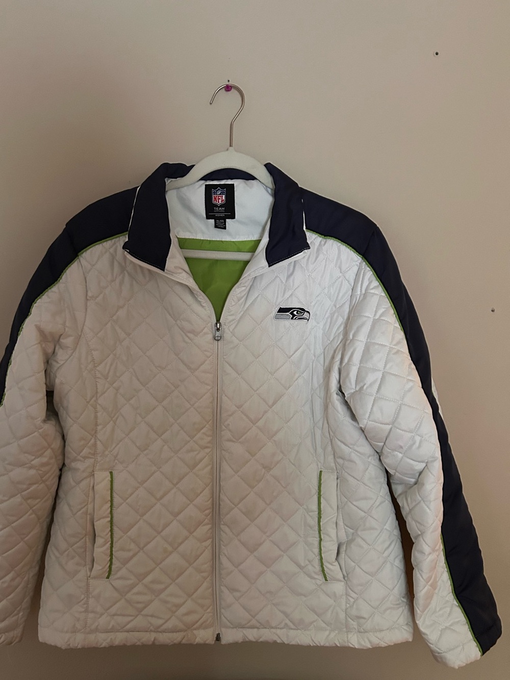 NFL Women's White Quilted Jacket with Navy and Lime Trim
